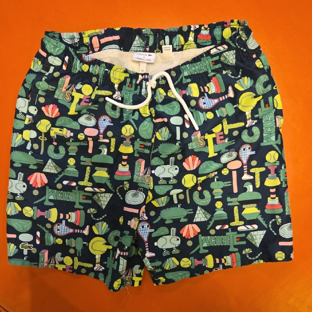 Lacoste X Jeremyville Blue and Green Swim Trunks with Playful Print